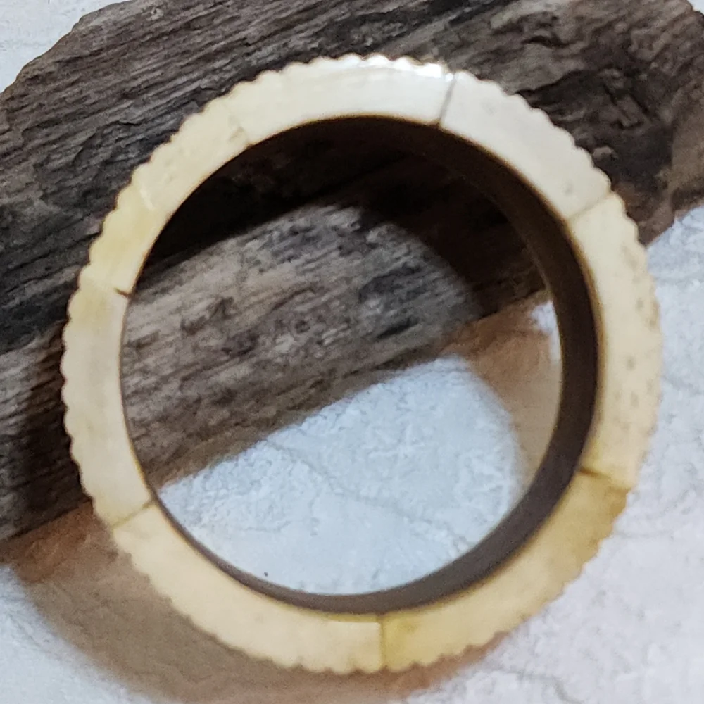 Vintage Boho Faux Bone Resin With Wood Inlay Bangle Cuff Bracelet
